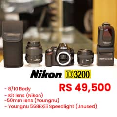 Nikon D-3200 with 2 lenses and speedlight