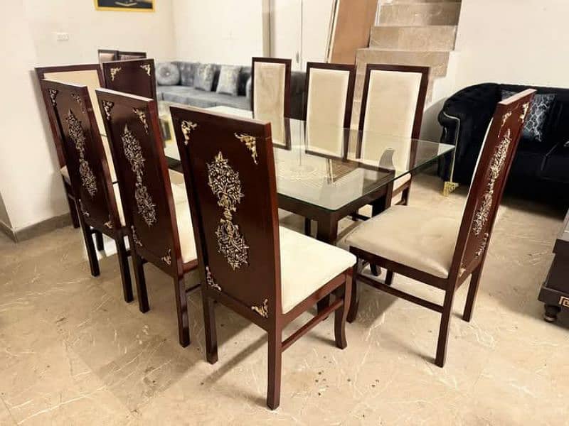 dining table,wooden dining table, 6chairs dining table,glass top, fur 1