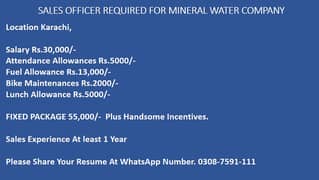 SALES OFFICER REQUIRED FOR MINERAL WATER COMPANY