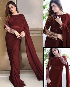 3pcs women's silk Chiffon sequins embroidered stitched Saree