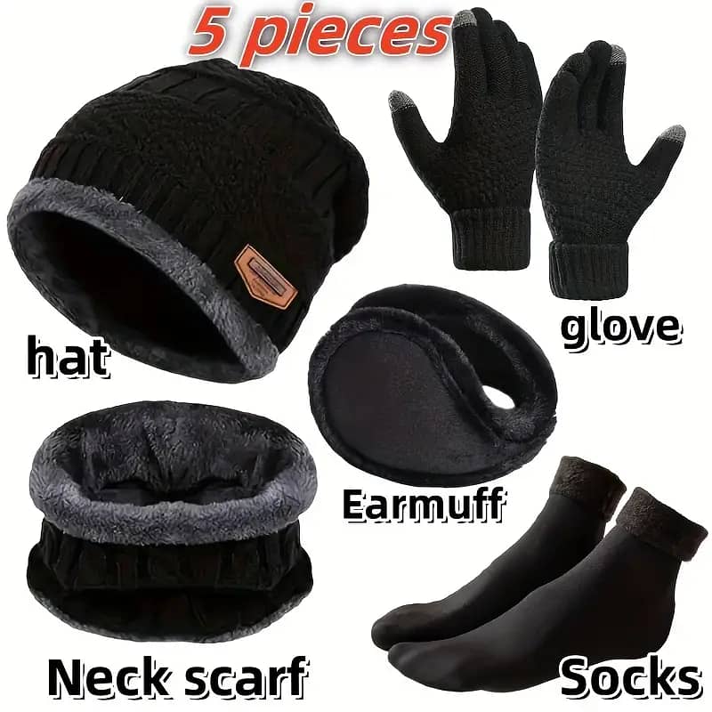 5pcs Winter Warm Set - Quilted Vest Hat, Warm Gloves, Faux Fur Earmuff 0