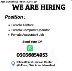 Female Asistant / Female computer operator / Female Accountant Job