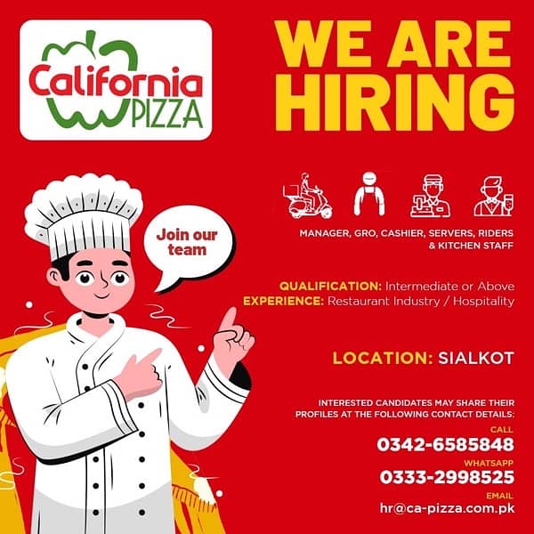 HIRING FOR CALIFORNIA PIZZA SIALKOT, BRANDS VILLAGE 0