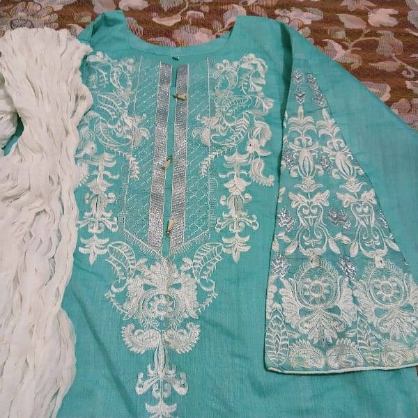 Aqua Blue Embroidered Kurta 3pc Set 2