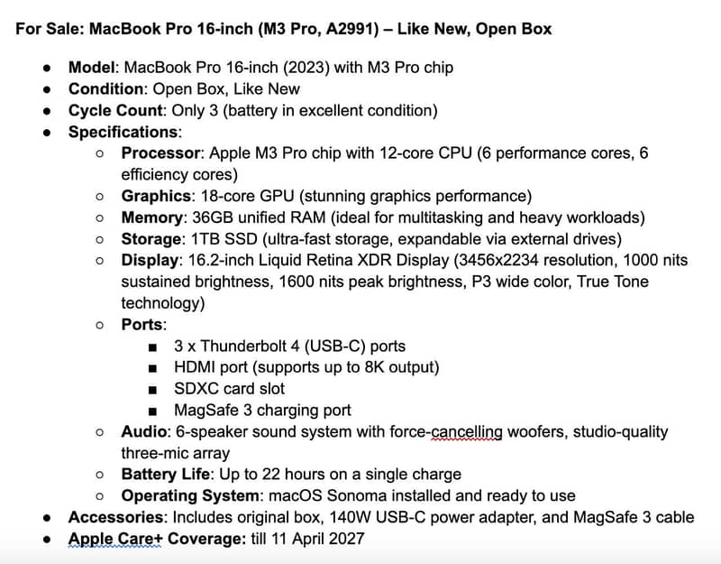 MacBook Pro 16-inch (M3 Pro, A2991) – Like New, Open Box 0