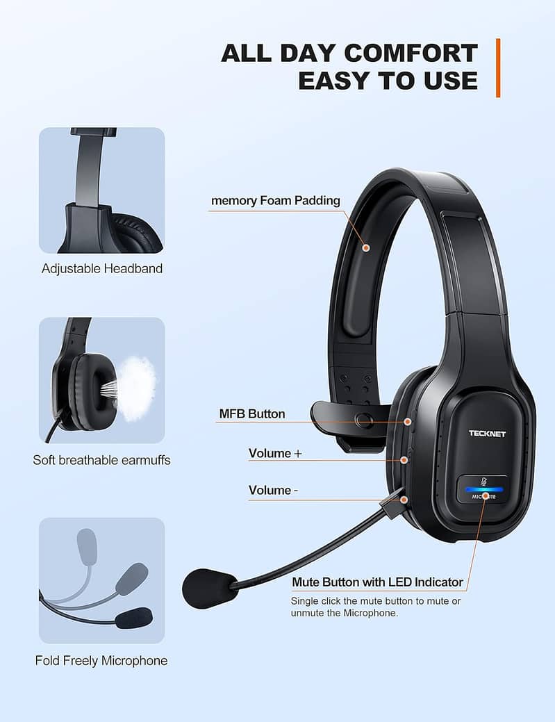 Tecknet TK-HS001 Black Comfort Design Bluetooth Wireless Headset 1