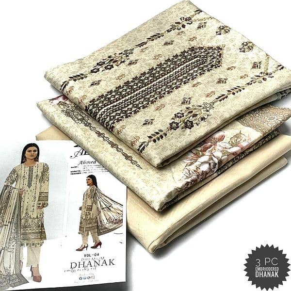 3 PCS women's unstitched Dhanak  Embroiderd suit 1