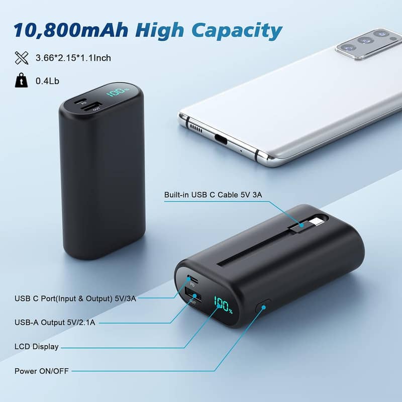 Small Portable Charger 10800mAh with Built-in USB-C Cable 0