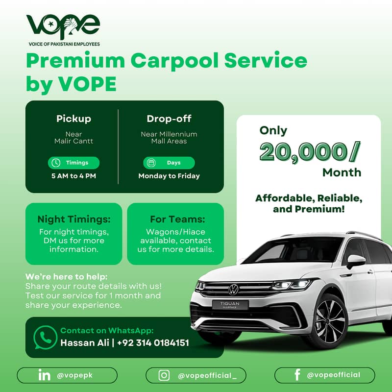 Most affordable Premium Carpool (Pick & Drop) Service in Karachi 0