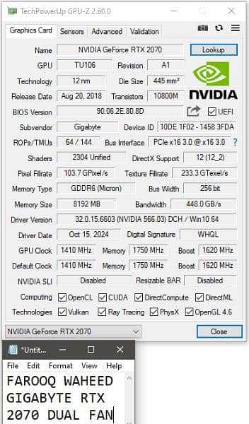 Gigabyte Nvidia RTX 2070 dual windforce 8GB gaming graphics card GPU 8