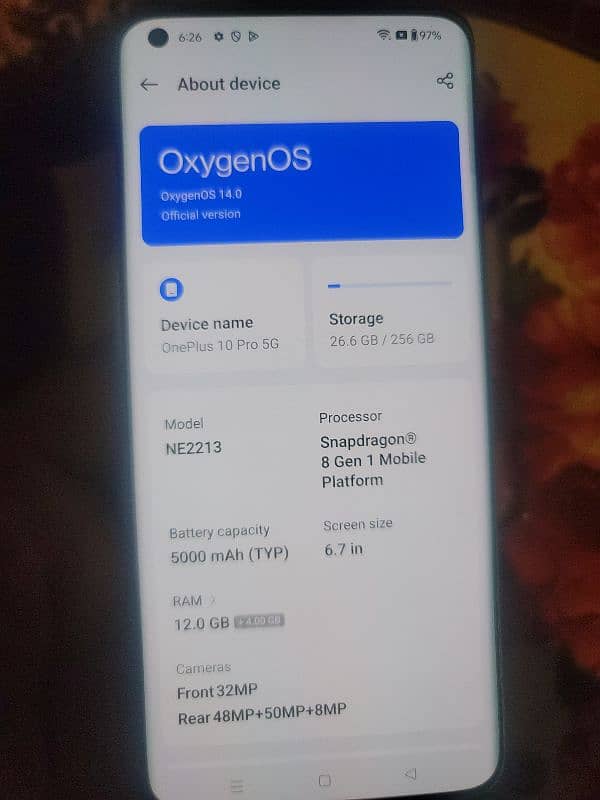 One plus 10 pro5g 256 gb dual sim . PTA approved 7