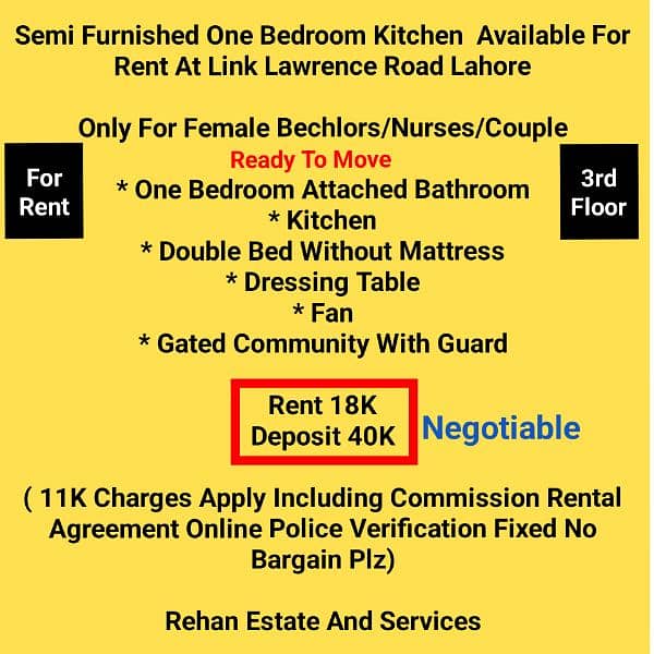 Semi Furnished One Bedroom Kitchen For Rent Link Lawrence Road Lahore 0