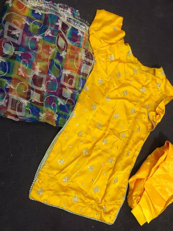 Yellow plan dress in silk form with multi colour fenci dupatta 0