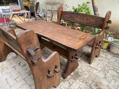 wooden table with benches