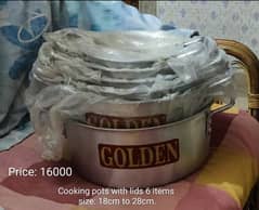 Silver patila set and 2 sets frying pan and sauce pan