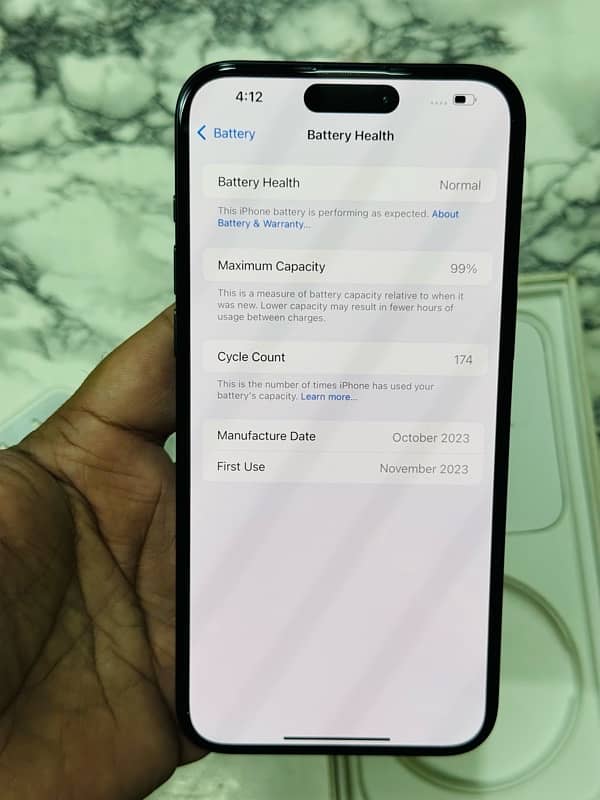 Iphone 15pro max 256gb pta aproved 99 health with box chargr cabl 3