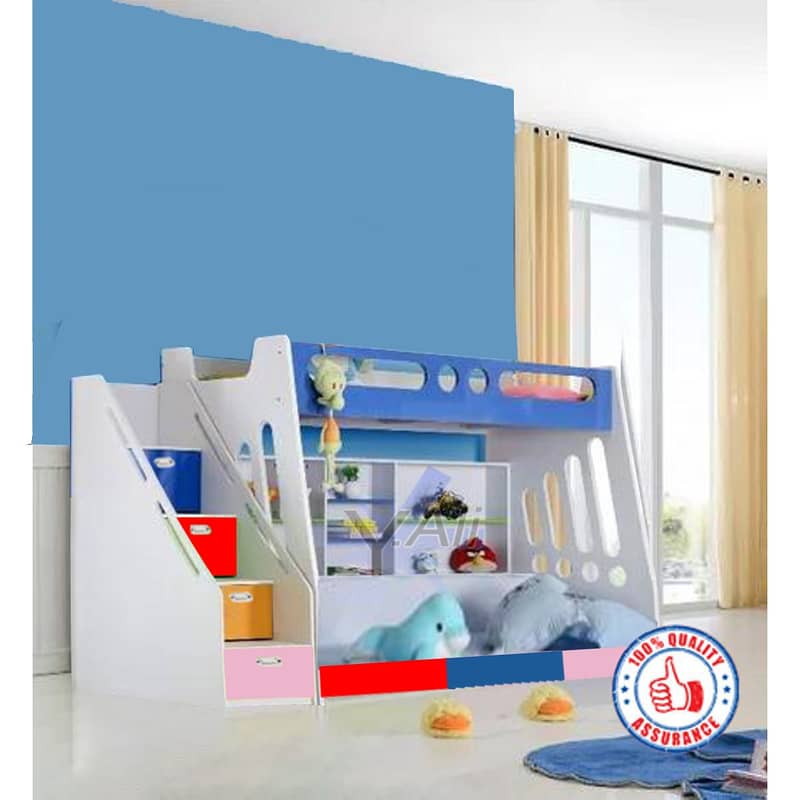 Multicolor Kids Bunk Bed with Slide, Shelves & Storage in Stairs 0