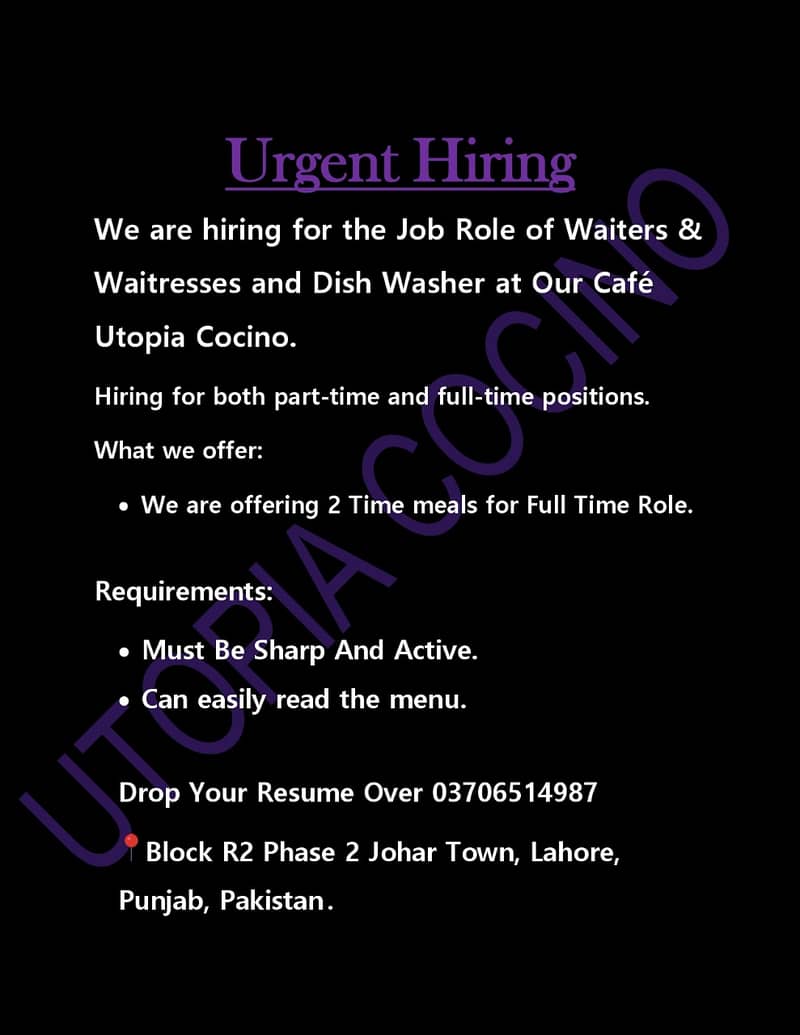 Job Hiring for Waiters & Waitresses and Dish Washer 0