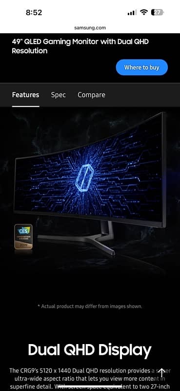 samsung 49" QLED 4k Curved Gaming monitor 120hz with 125% SRGB 3