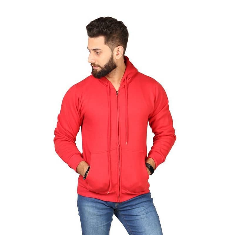 Men's Plain Fleece Zipper Hoodie - 1 Pc in Red 0