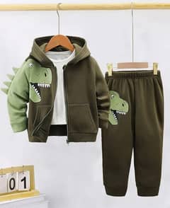 Stylish Boy's Fleece Track Suit With 2 Pcs Printed Design In Green