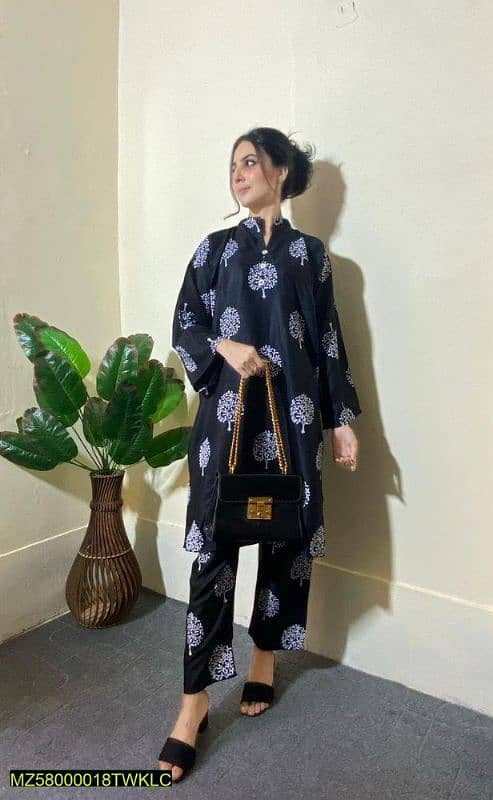 2 PCs women stitched linen printed suit 0