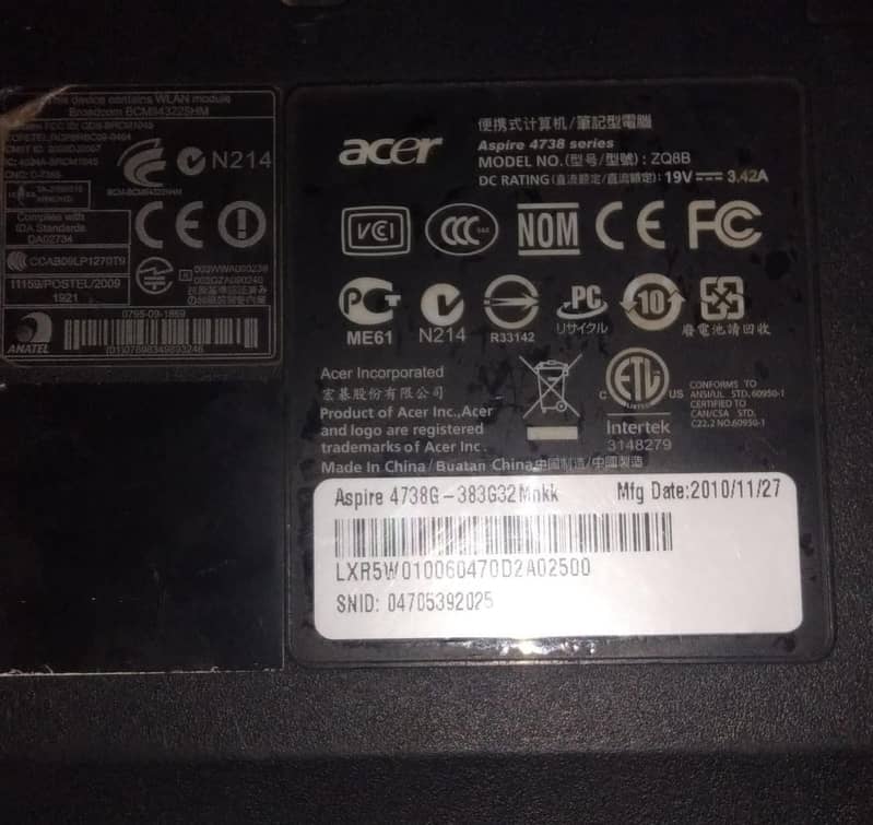 ACER ASPIRE 4738G, 4GB RAM, 128GB SSD+HDD 64 BIT OS other details see 4