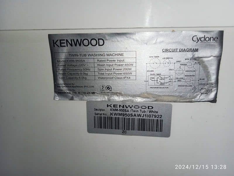 Kenwood washing machine twin tub model number KWM-950SA CYCLONE 13