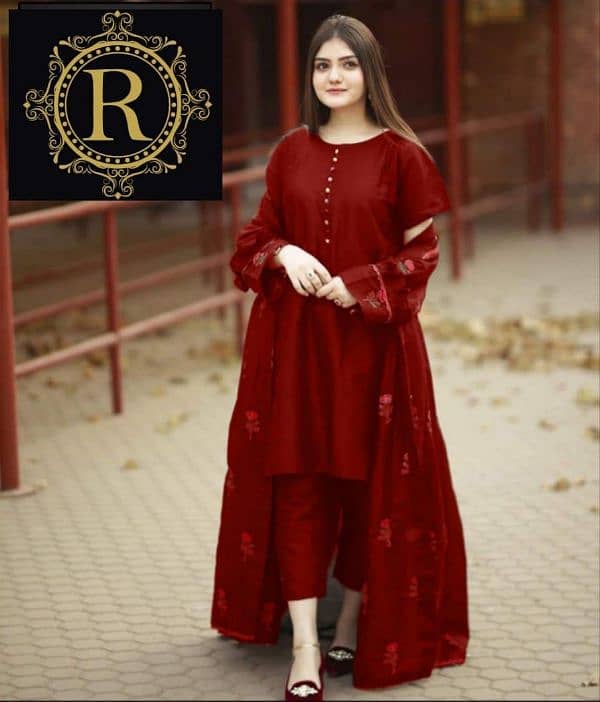 3 Pcs Women's Stitched Gown Suit in Maroon Katan Silk 0