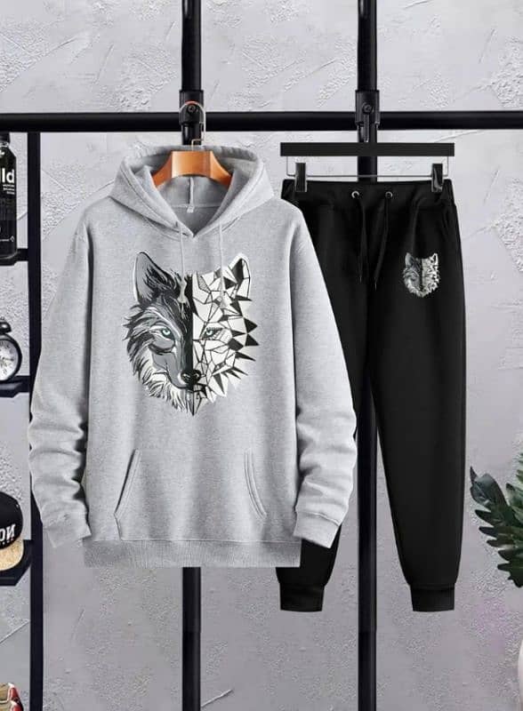 Men's fleece hodie track suit-2 PCs Grey printed set,Wolf 0