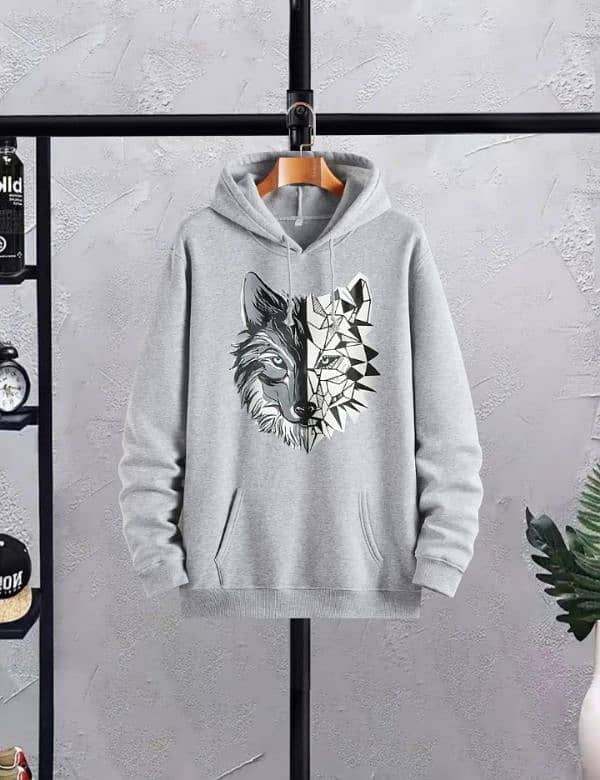 Men's fleece hodie track suit-2 PCs Grey printed set,Wolf 1