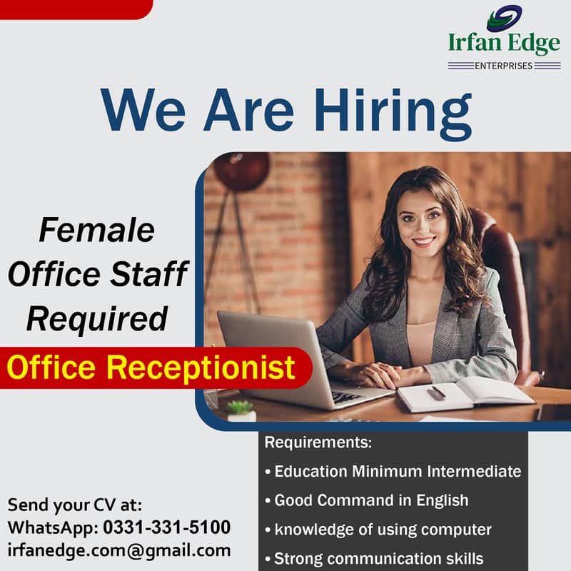 Requird Female Office Receptionist,  Office Assistant, Office Work 0