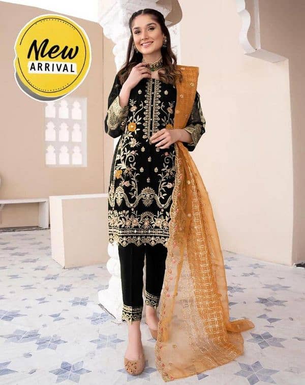 3 PCs women stitched organza embroidered suit 1