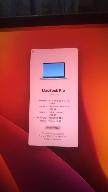 MacBook pro 15 inc 16 GB ram 250gb hard disk 12