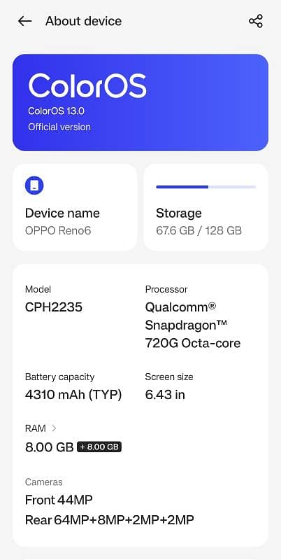 Oppo Reno 64g.   8+8by 128 0