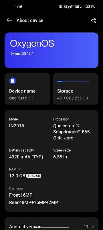 OnePlus 8 5G 12/256  PTA approved Dule Sim condition 10by10 schrthless 1