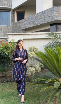 2 pics women's stitched linen printed shirt and trouser