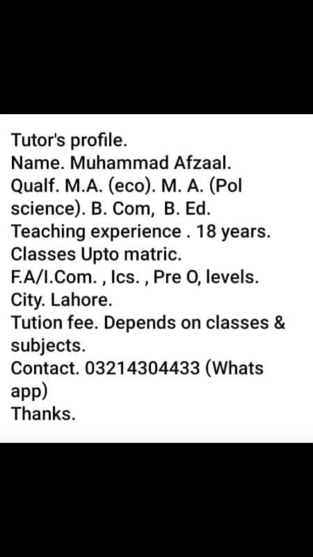 tutor, home tuition. lhr. 4