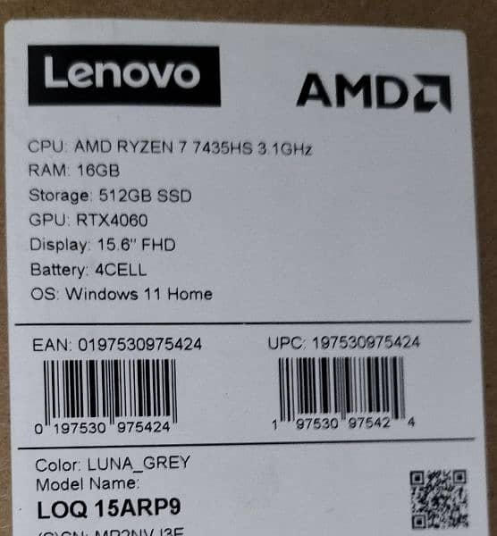 Lenovo Loq 15 2024 Ryzen 7 7435HS CPU RTX4060 Ram 16GB Storage 512 ssd 3