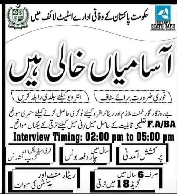 Male & Female staff required for state life insurance 0