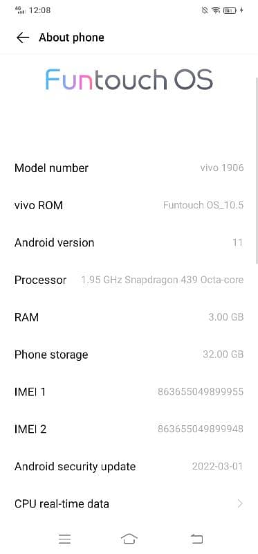 Model : vivo 1906 3 GB ram 32 GB rom Android 11 3