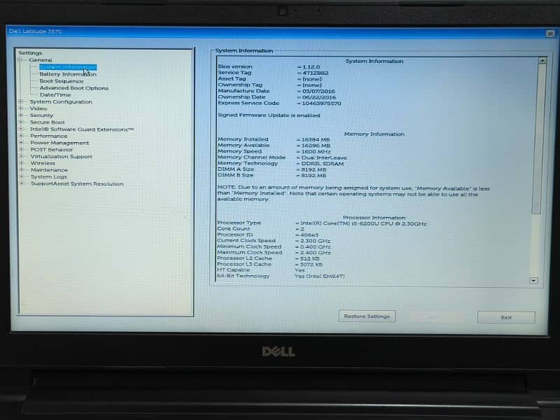 Laptop Dell Latitude 3570 Core i5 15.5 inch 16gb ram 256 gb SSD 3