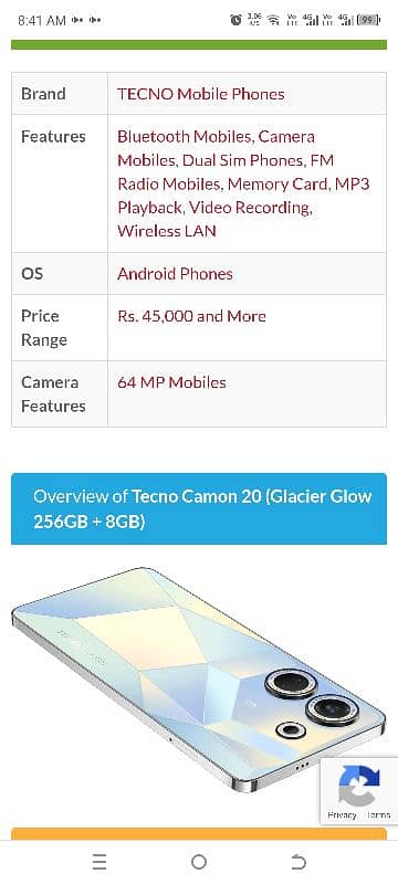 TECNO CAMON 20 BRAND NEW CONDITION WITH  FULL BOX 16GB& 256GB 3