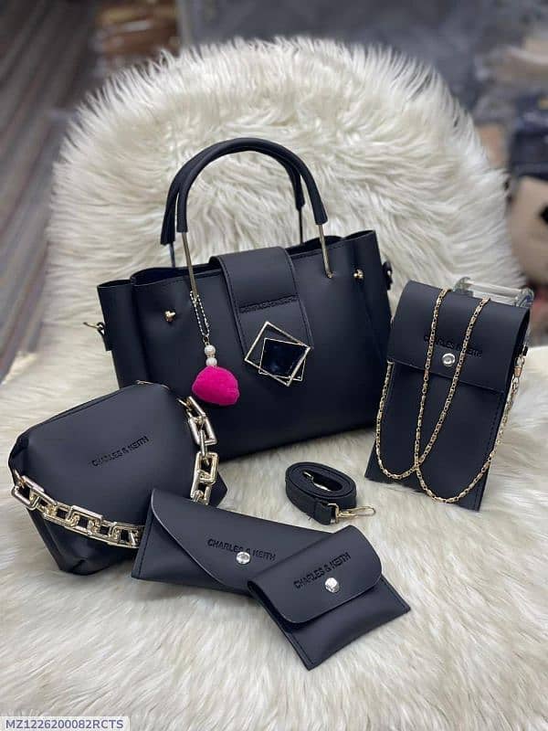 Women's Black Leather Hand Bag Set -5 Pieces, Top Handle, Plain Design 1