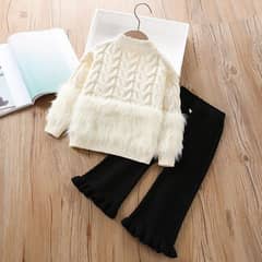 Girl's Stylish Twisted Fur Knitted Long-Sleeved Shirt & Pants Set-