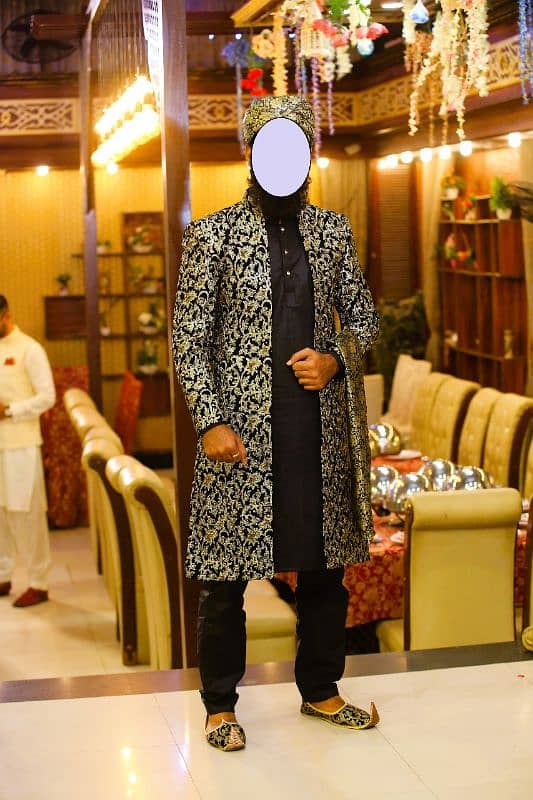 Black Sherwani with Golden Pattern 0