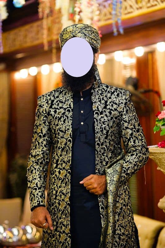 Black Sherwani with Golden Pattern 1