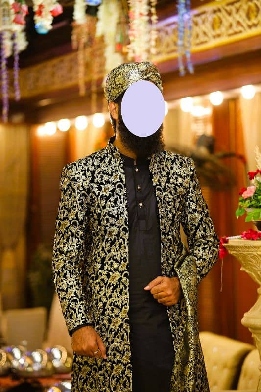 Black Sherwani with Golden Pattern 2