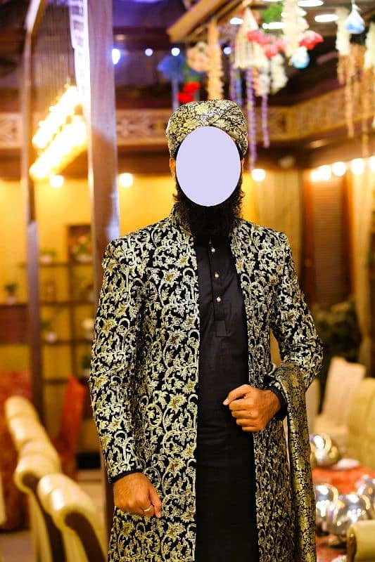 Black Sherwani with Golden Pattern 3