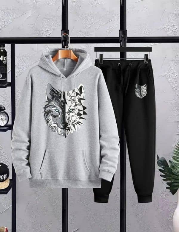 men's fleece hoodie track suit 2pc gray printed  set wolf 0